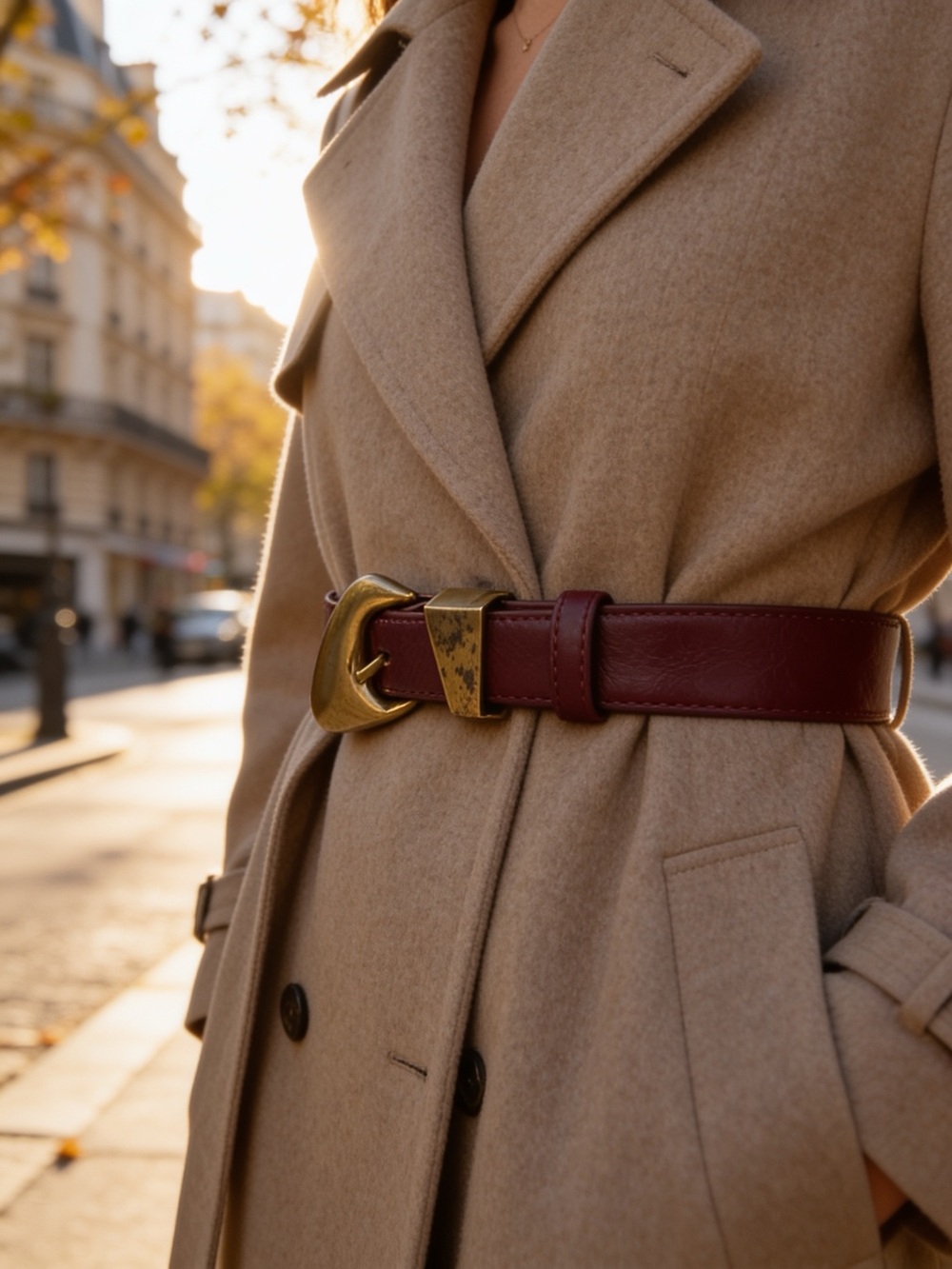 Harper Burgundy Leather Belt with Distressed Gold Buckle